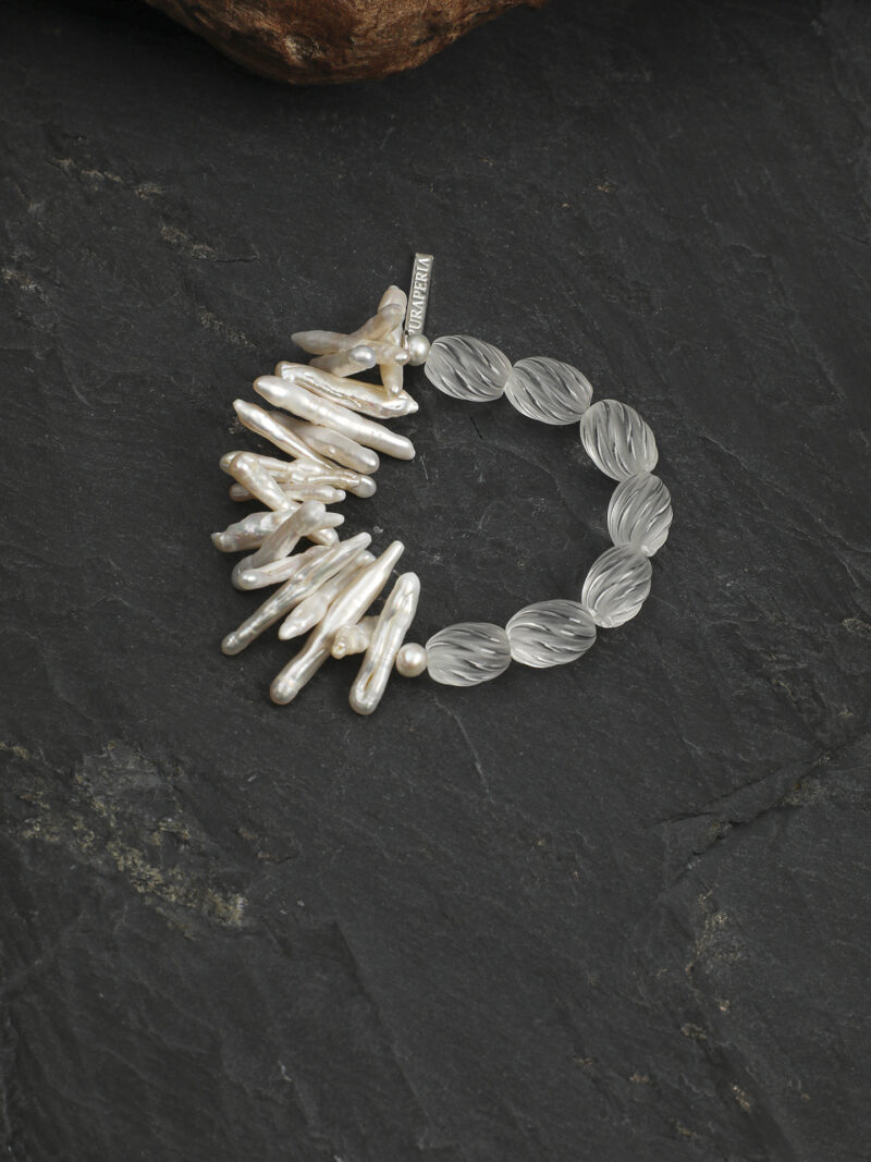 Aura & Qi detail 1J7A4148 Original detail view of Clear Crystal & Cultured Pearl Bracelet