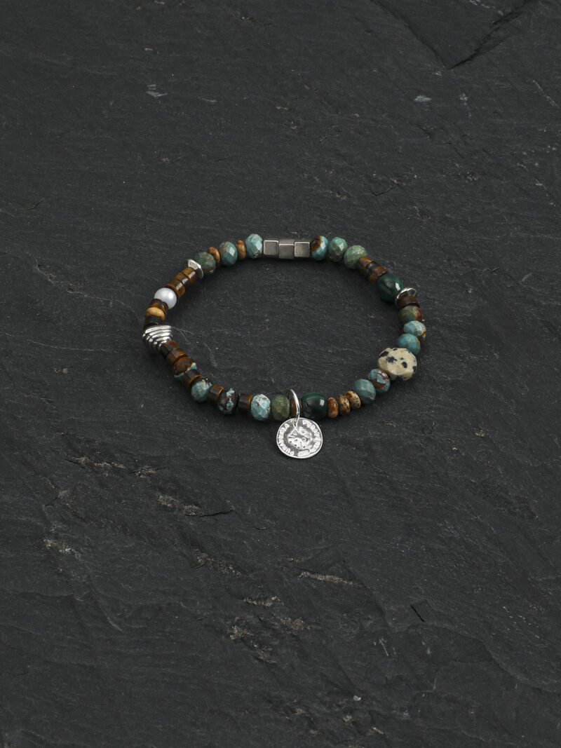 Original detail view of Malachite, Tiger’s Eye, Wood-Grain Stone & Cultured Pearl Bracelet