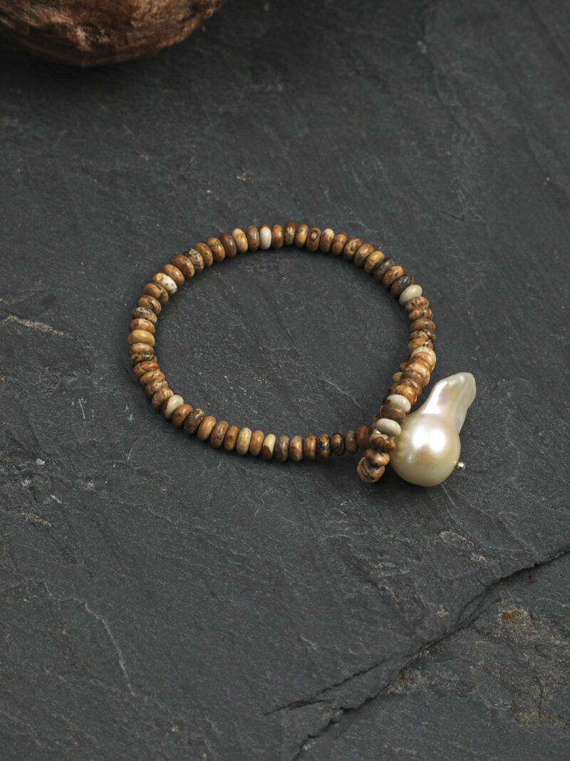 Aura & Qi detail 1J7A6779 (1) Original detail view of Wood-Grain Stone & Cultured Pearl Bracelet