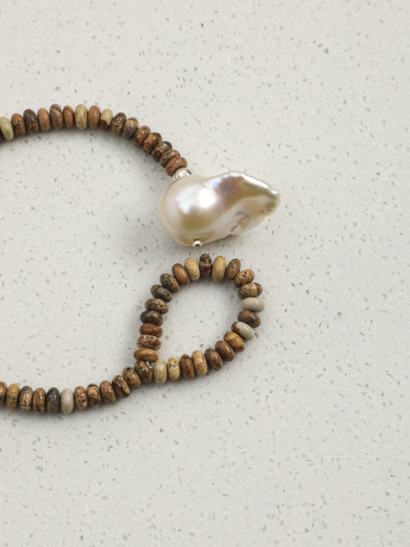 Aura & Qi detail 1J7A6779 (3) Original detail view of Wood-Grain Stone & Cultured Pearl Bracelet