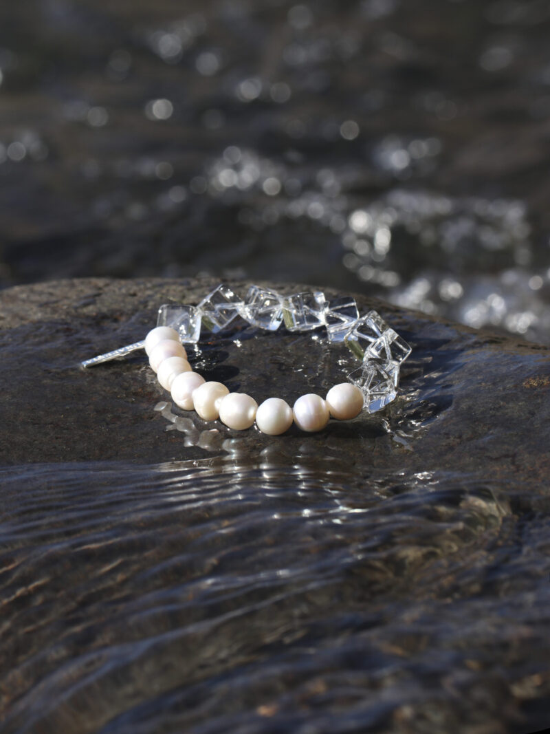 Aura & Qi detail 1J7A9523 Original detail view of Clear Quartz & Cultured Pearl Bracelet