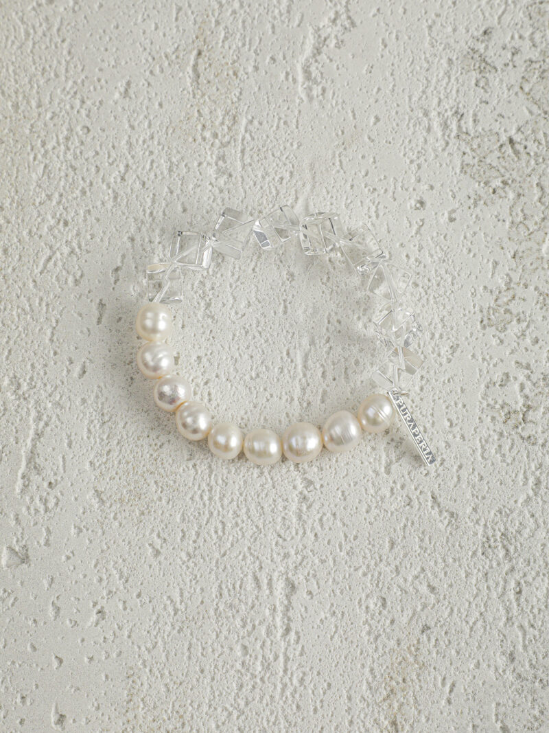 Aura & Qi detail 1J7A9524 Original detail view of Clear Quartz & Cultured Pearl Bracelet