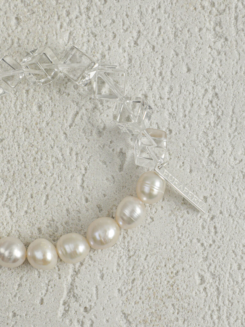 Aura & Qi detail 1J7A9533 Original detail view of Clear Quartz & Cultured Pearl Bracelet