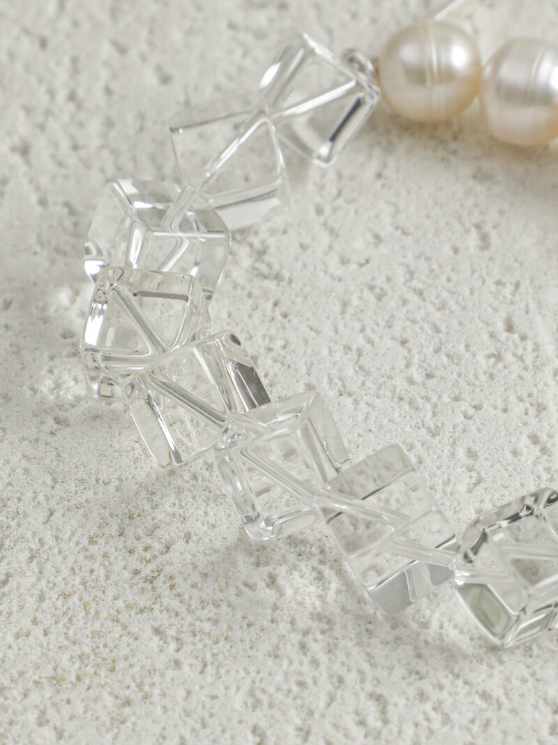 Aura & Qi detail 1J7A9539 Original detail view of Clear Quartz & Cultured Pearl Bracelet