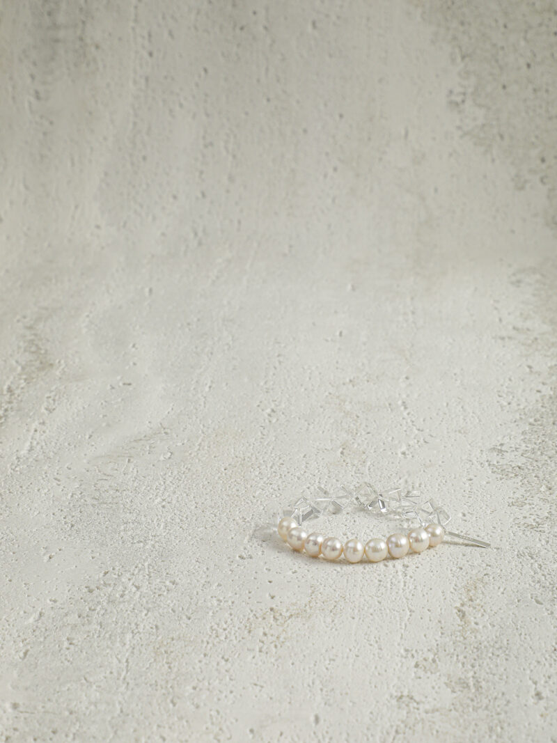 Aura & Qi detail 1J7A9572 Original detail view of Clear Quartz & Cultured Pearl Bracelet