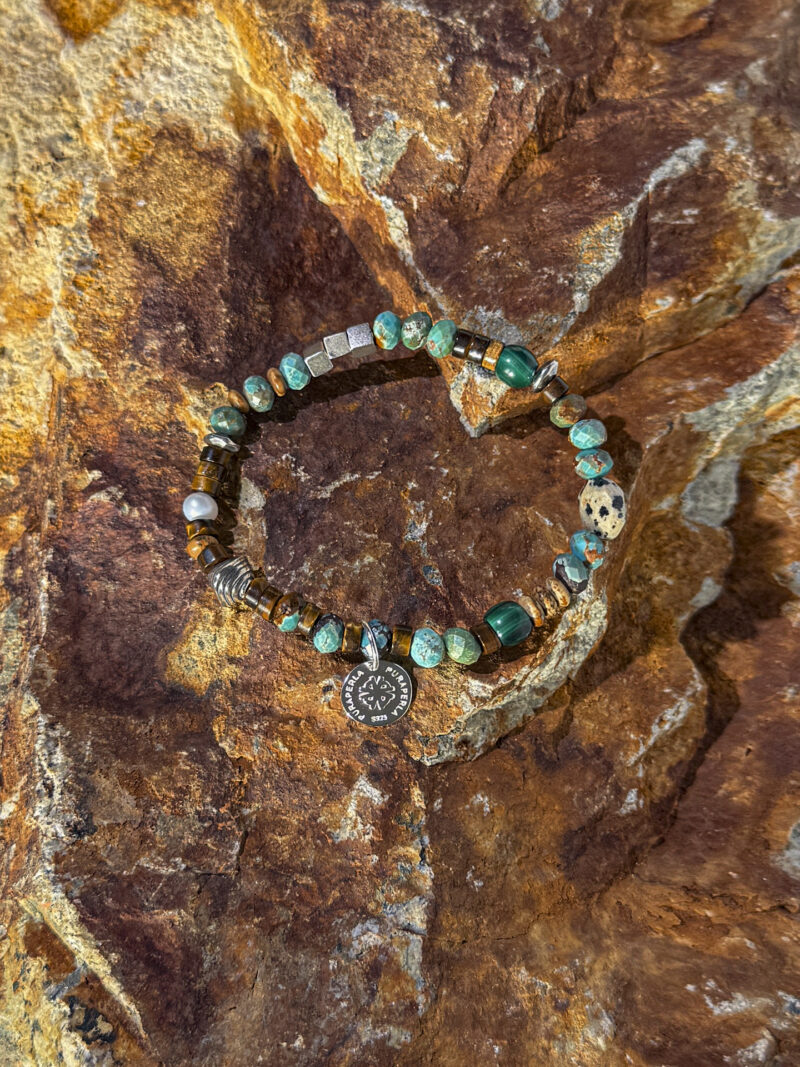 Original detail view of Malachite, Tiger’s Eye, Wood-Grain Stone & Cultured Pearl Bracelet