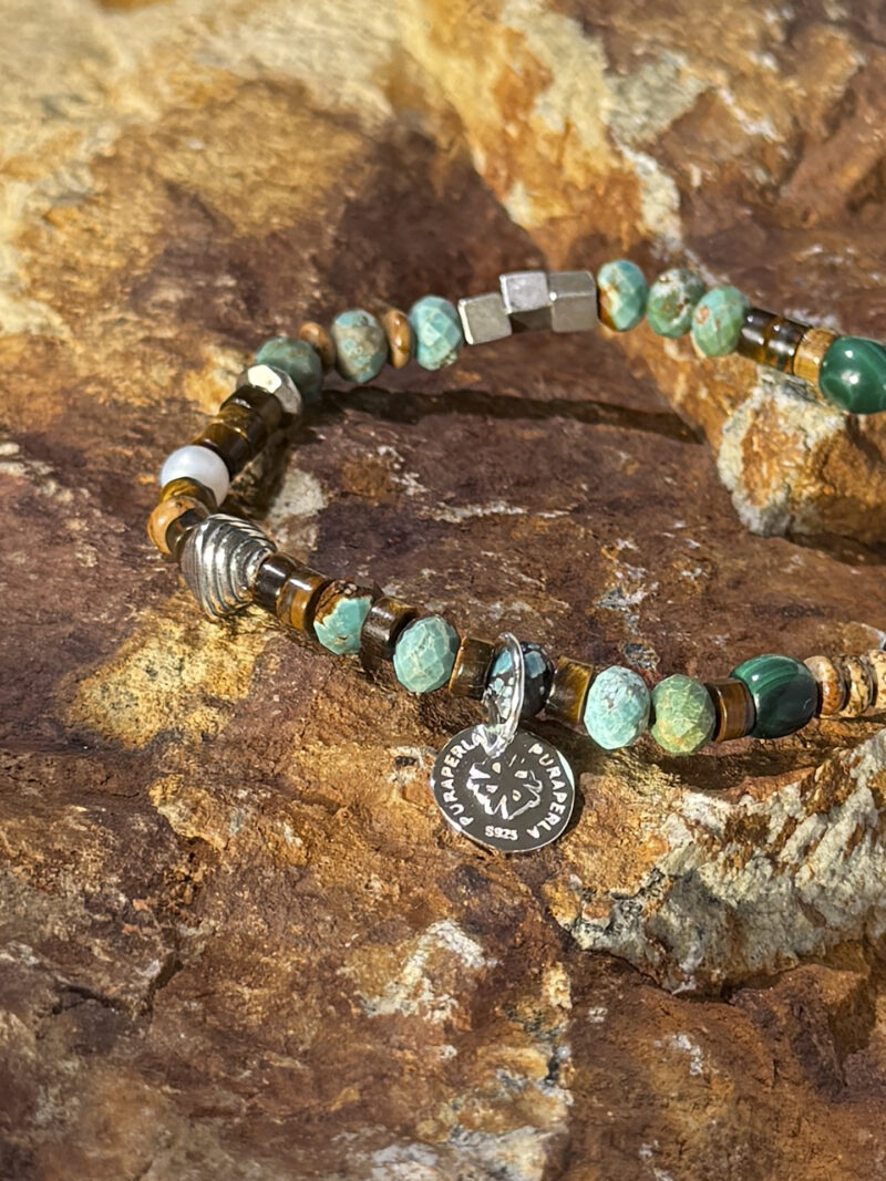 Original detail view of Malachite, Tiger’s Eye, Wood-Grain Stone & Cultured Pearl Bracelet