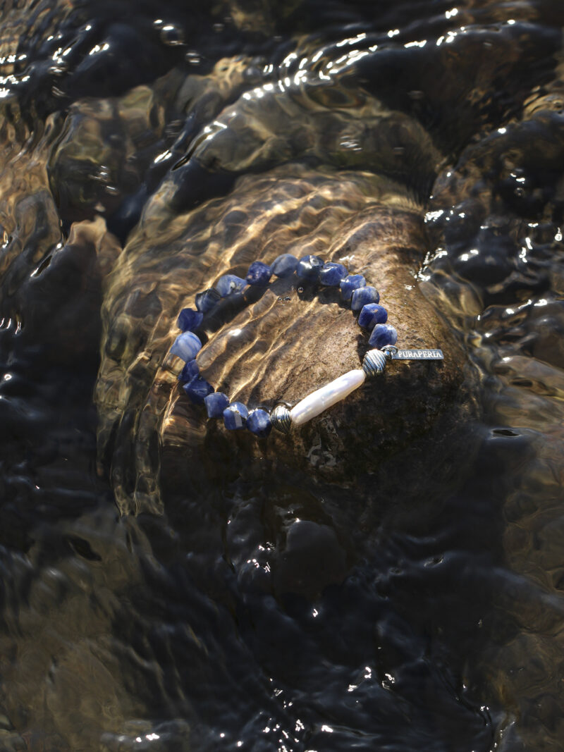Original detail view of Blue-Veined Stone & Cultured Pearl Bracelet