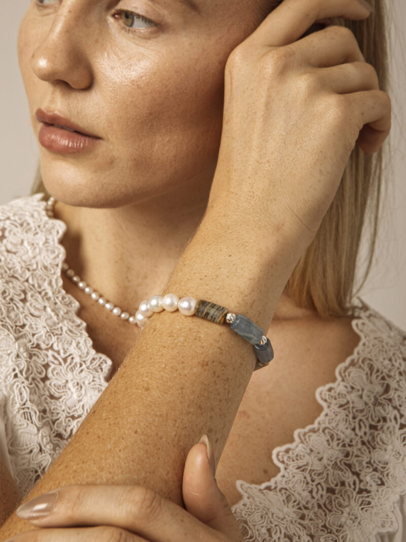 Aura & Qi lifestyle PURAERIA0935 Blue Stone & Cultured Pearl Bracelet in an original styled photograph