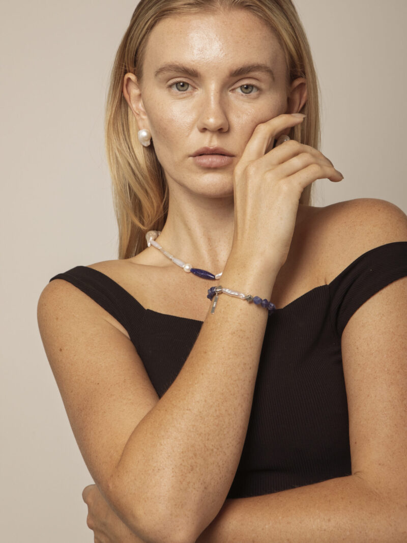 Blue-Veined Stone & Cultured Pearl Bracelet in an original styled photograph