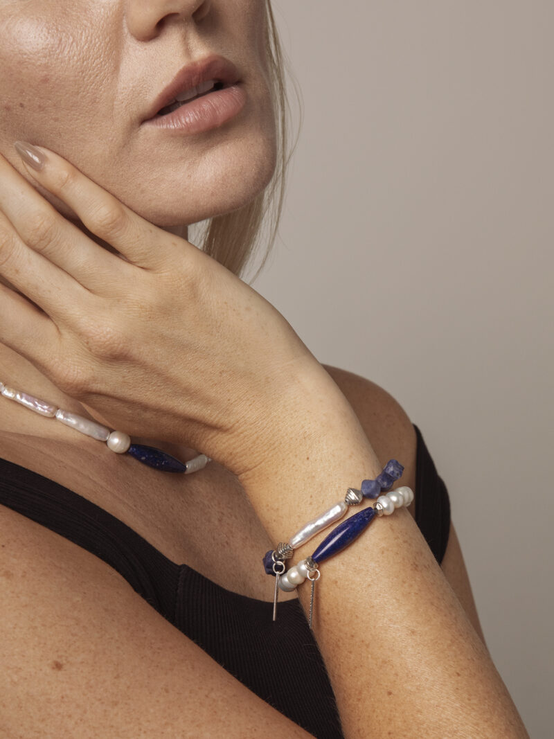 Blue-Veined Stone & Cultured Pearl Bracelet in an original styled photograph