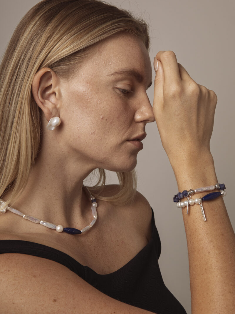 Blue-Veined Stone & Cultured Pearl Bracelet in an original styled photograph
