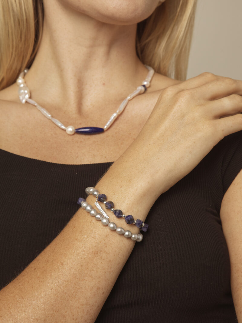 Double-Strand Blue-Veined Stone & Cultured Pearl Bracelet in an original styled photograph