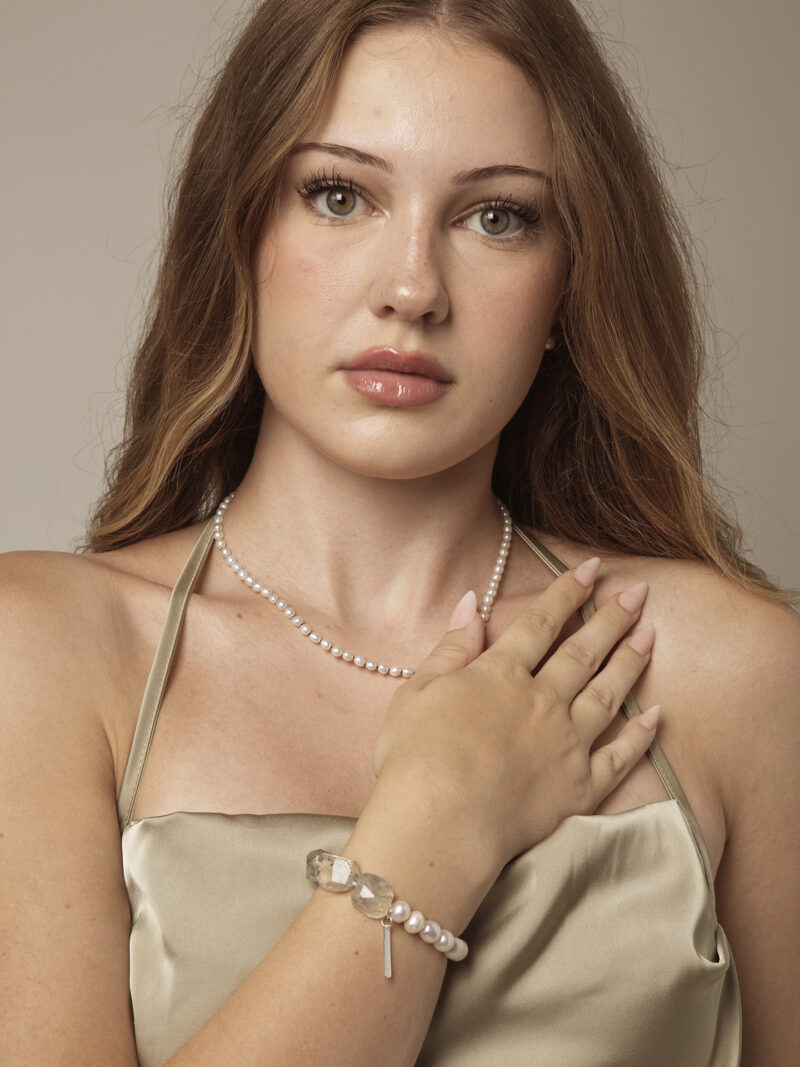 Clear Quartz, Green Crystal & Cultured Pearl Bracelet in an original styled photograph