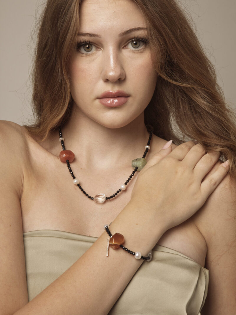 Clear Quartz, Agate, Tourmaline & Cultured Pearl Bracelet in an original styled photograph