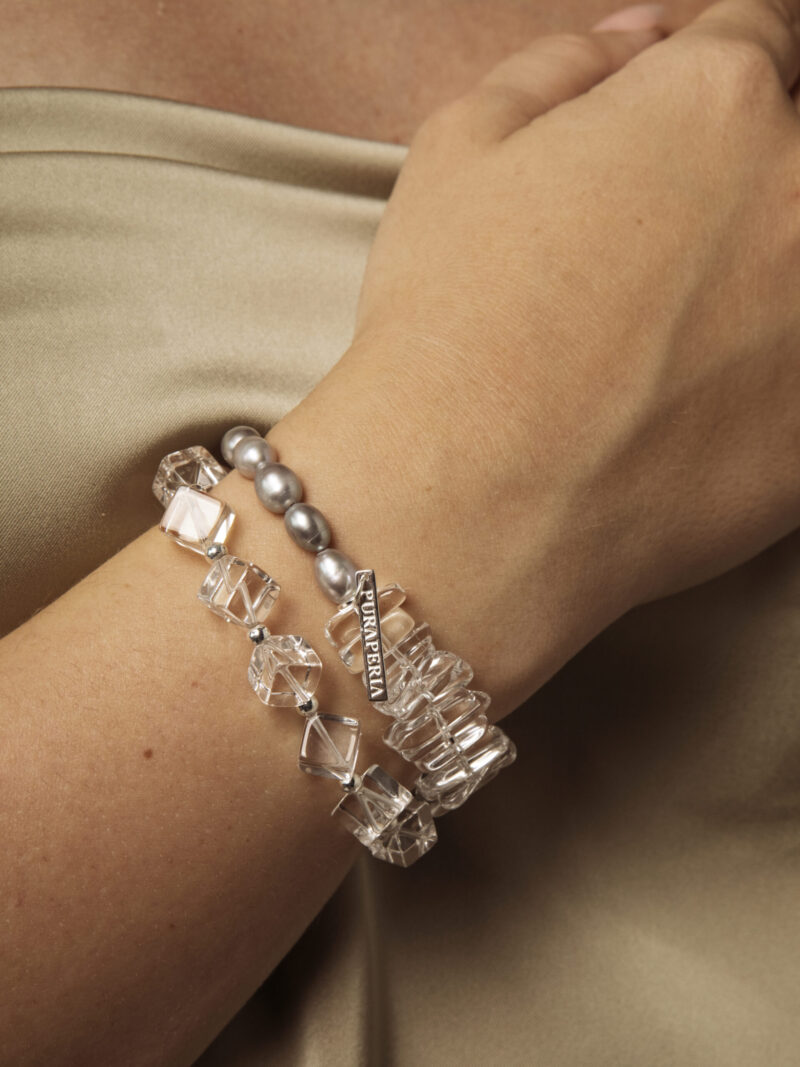 Aura & Qi lifestyle PURAERIA1405 Clear Quartz & Cultured Pearl Bracelet in an original styled photograph
