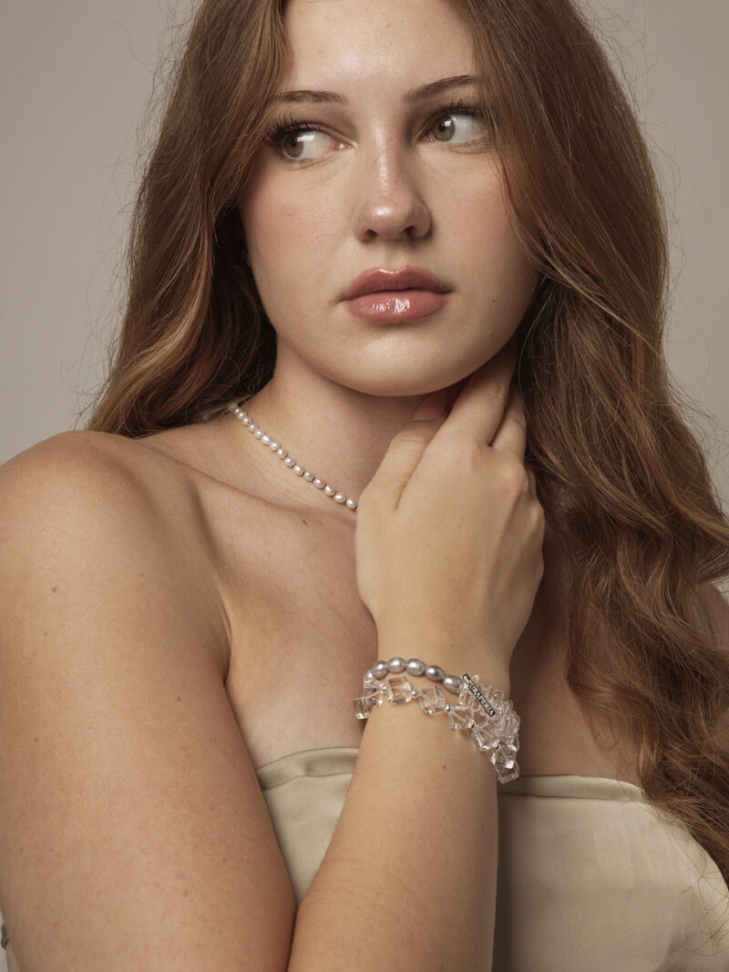 Aura & Qi lifestyle PURAERIA1416 Clear Quartz & Cultured Pearl Bracelet in an original styled photograph