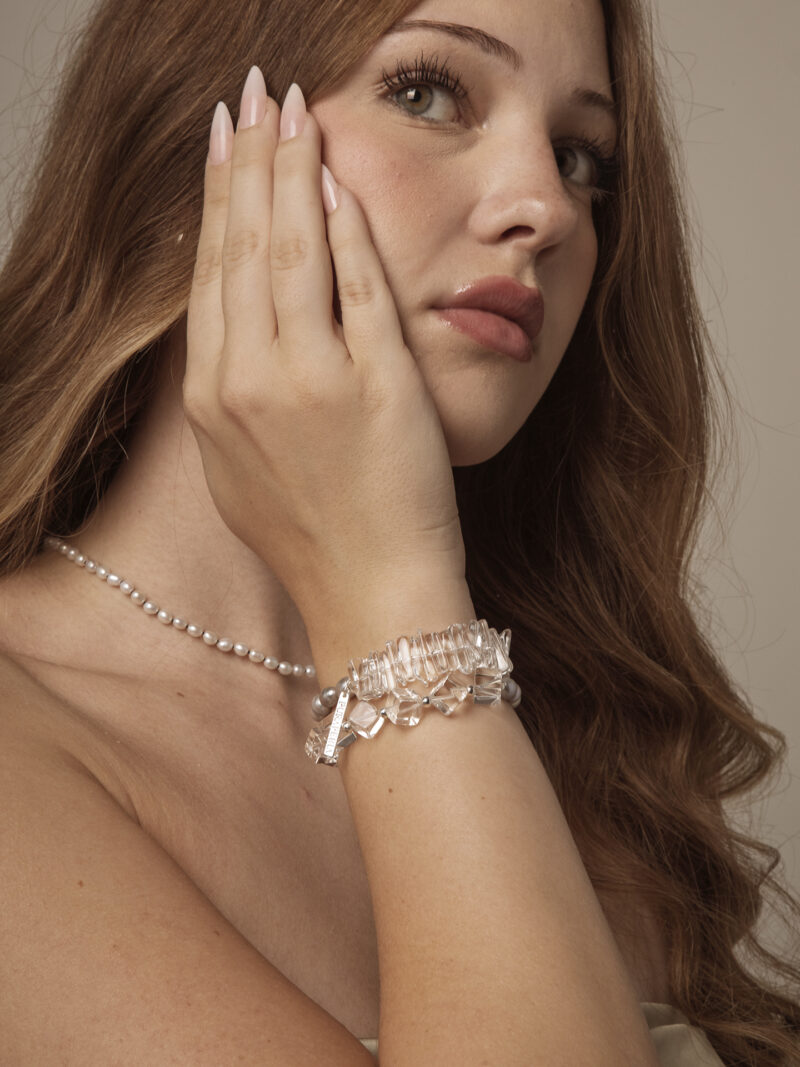 Aura & Qi lifestyle PURAERIA1425 Clear Quartz & Cultured Pearl Bracelet in an original styled photograph