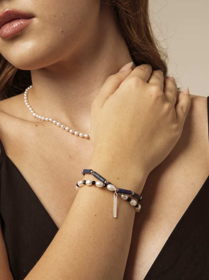 Double-Strand Lapis Lazuli, Tourmaline & Cultured Pearl Bracelet in an original styled photograph