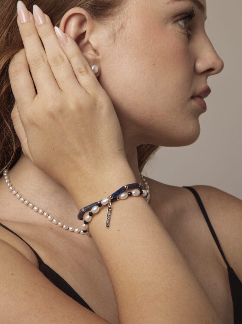Double-Strand Lapis Lazuli, Tourmaline & Cultured Pearl Bracelet in an original styled photograph