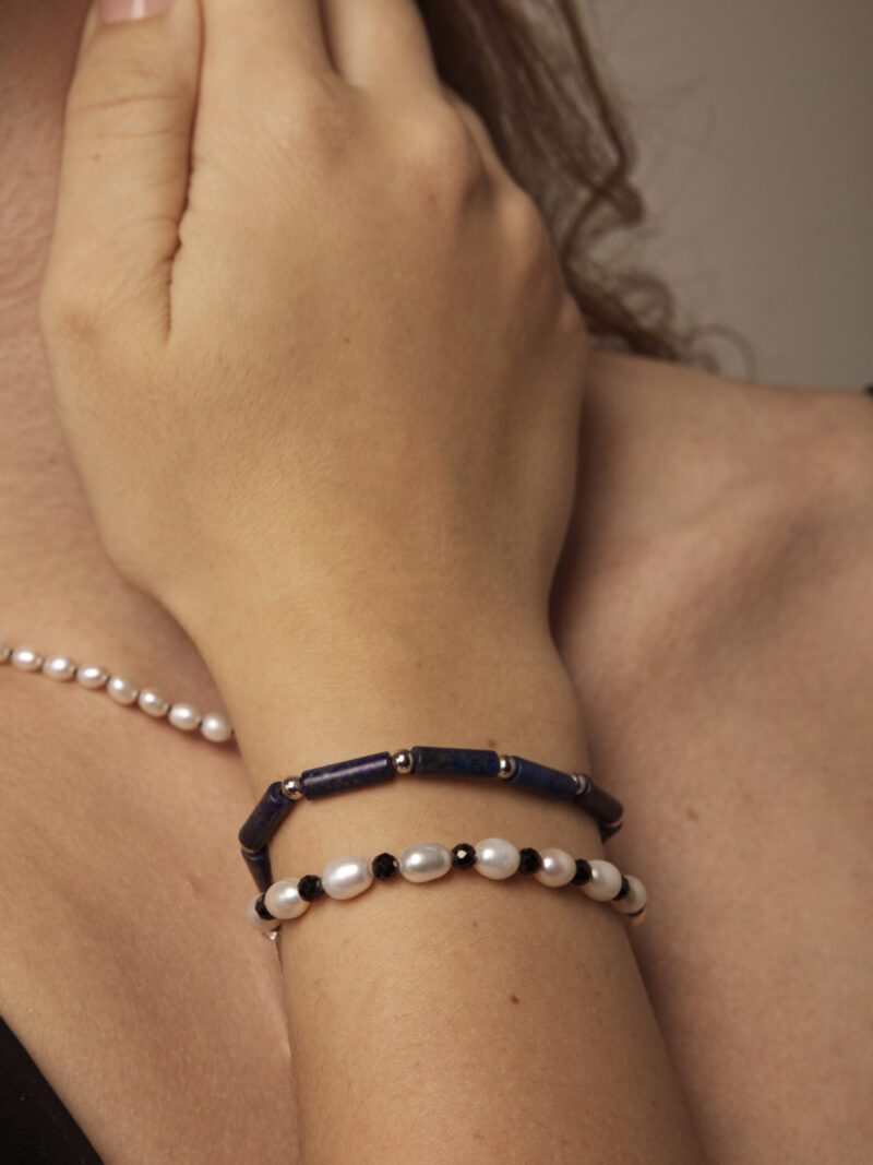 Double-Strand Lapis Lazuli, Tourmaline & Cultured Pearl Bracelet in an original styled photograph