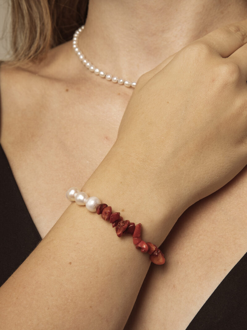 Red Coral & Cultured Pearl Bracelet in an original styled photograph