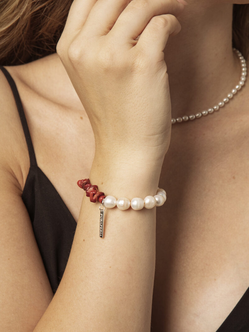 Red Coral & Cultured Pearl Bracelet in an original styled photograph