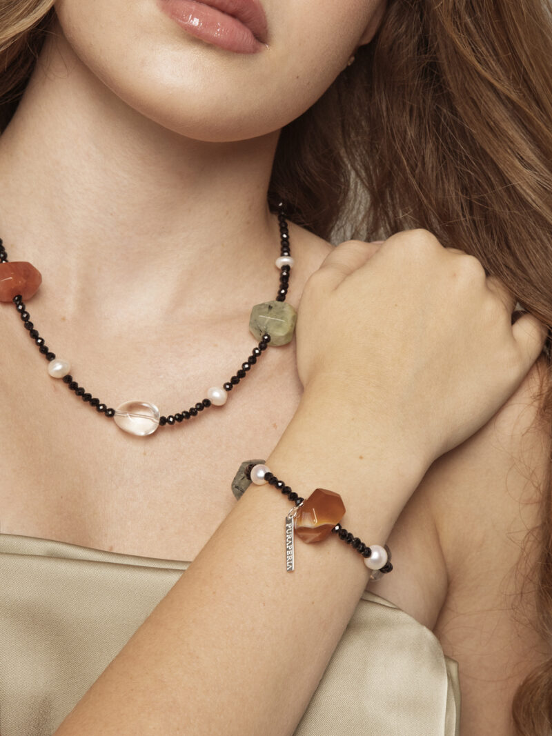 Clear Quartz, Agate, Tourmaline & Cultured Pearl Bracelet in an original styled photograph